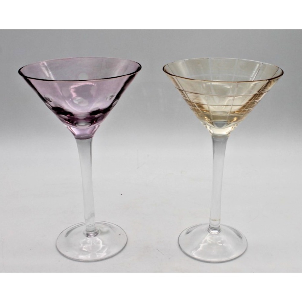 Set of 2 Etched Martini Glasses Pink Polka Dot & Orange Grid 8" Clear Stem